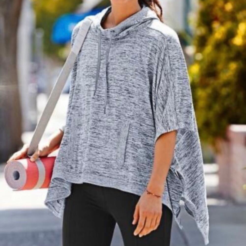 Athleta Techie Sweat Blissful Poncho Hoodie Womens Medium Heather Gray Pullover - Picture 2 of 9
